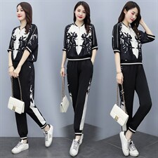 大量现货2023新款时尚印花拼接醋酸撞色修身显瘦气质套装，女装套装/套裙，奕薇雅