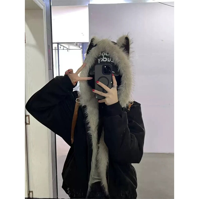 现货重磅硬挺boxy羽绒棉衣座山雕猫耳大毛毛领麂皮棉服冬外套，男装棉衣，电商A486-1