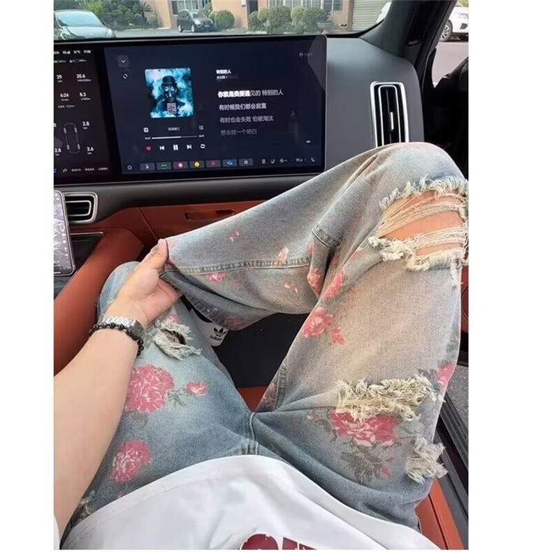 高街花卉破洞牛仔裤男女夏季痞帅满印裤子男牛仔裤网图NK4126-p50,男装牛仔裤,星座302B
