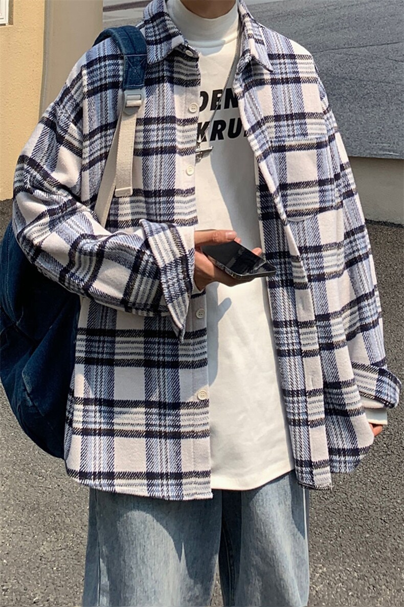 秋冬厚款毛呢男装衬衫宽松潮流格子长袖衬衣休闲外套DX128P65,男装衬衫,电商B413-1