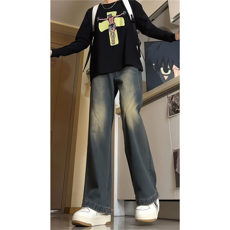 美式复古拼接微喇牛仔裤男款春秋高街水洗渐变裤子KZ005P60,男装牛仔裤,电商B312