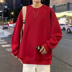W300P28加绒38潮牌纯色卫衣男港风圆领美式宽松打底内搭长袖t图片