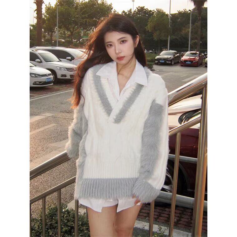 秋冬季小众毛绒拼接针织衫v领宽松毛衣男女撞色简约设计感毛衣潮，男装针织衫/毛衣，星座506A