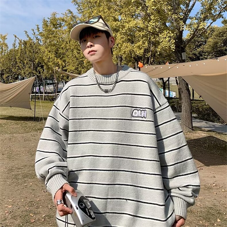 网络图现货潮牌情侣圆领针织衫ins日系条纹休闲毛衣JY28-P25,男装针织衫/毛衣,星座715-7