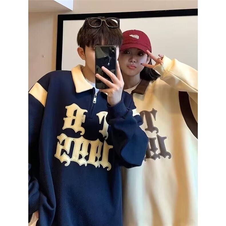 半拉链翻领卫衣男2026新款春秋情侣外套美式复古拼色上衣BWY15,女装短外套,星座208-5