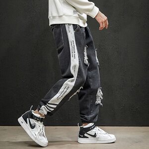 2021春秋季新日系大码男束脚印花撞色拼接九分破洞牛仔裤N8105-P50图片