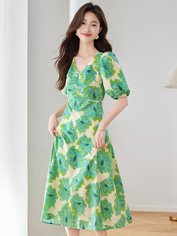 纯棉印花连衣裙女夏2025新款高级感法式v领气质甜美收腰露背长裙,女装连衣裙,美沁