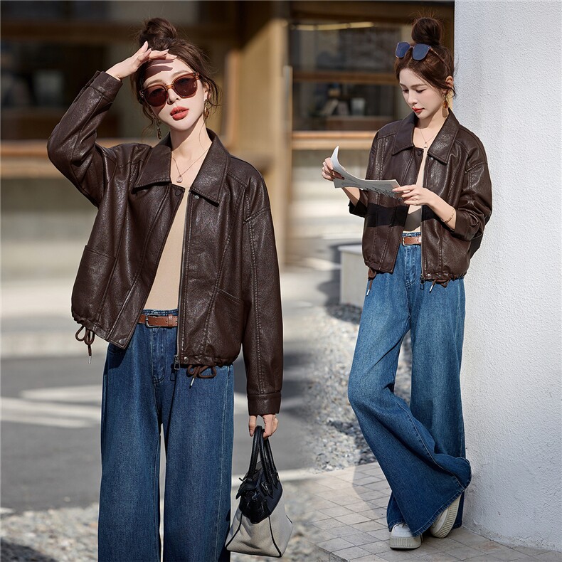 BAO可盐可甜减龄好看皮衣夹克上衣女春新款小个子休闲显瘦短外套，女装皮衣，潮流依族