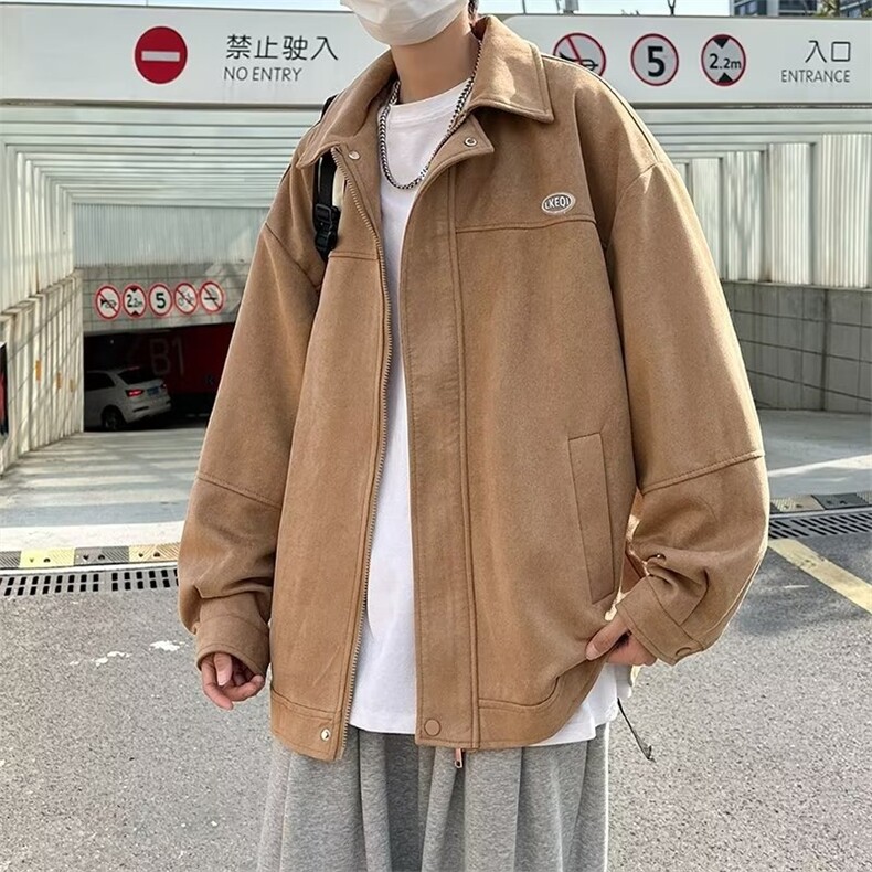 春秋季鹿皮绒外套男纯色百搭潮牌休闲潮青年机车运动夹克HH03P45，男装夹克，星座1013-5