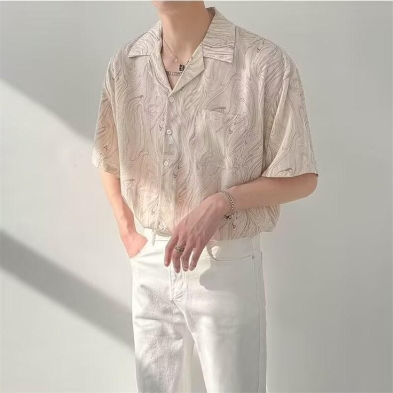 夏季韩版宽松古巴领短袖衬衫男士高级感潮流INS痞帅免烫花衬衣图片