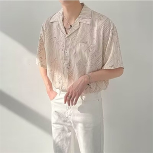 夏季韩版宽松古巴领短袖衬衫男士高级感潮流INS痞帅免烫花衬衣图片