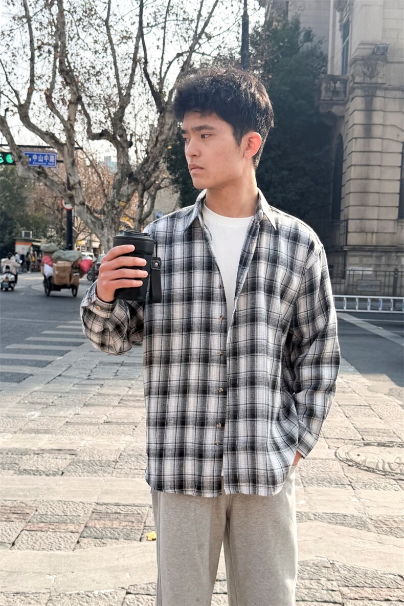 （跨境电商）四季款格子衬衫潮流宽松格纹衬衣,男装衬衫,星座1107-1