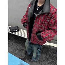 格子拼接双面穿夹克PU皮美式复古潮流宽松百搭外套HY668TP80，男装夹克，电商A102B