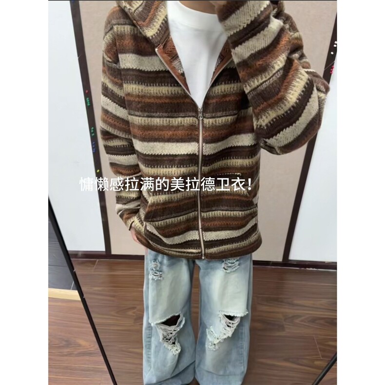 美式毛呢条纹开衫连帽卫衣外套男女慵懒风情侣休闲帽衫MYW38P52,女装短外套,星座1013-5