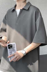8XL-M假两件V领短袖t恤男夏翻领半袖宽松重磅华夫格大码DT001P40，男装T恤，电商B312