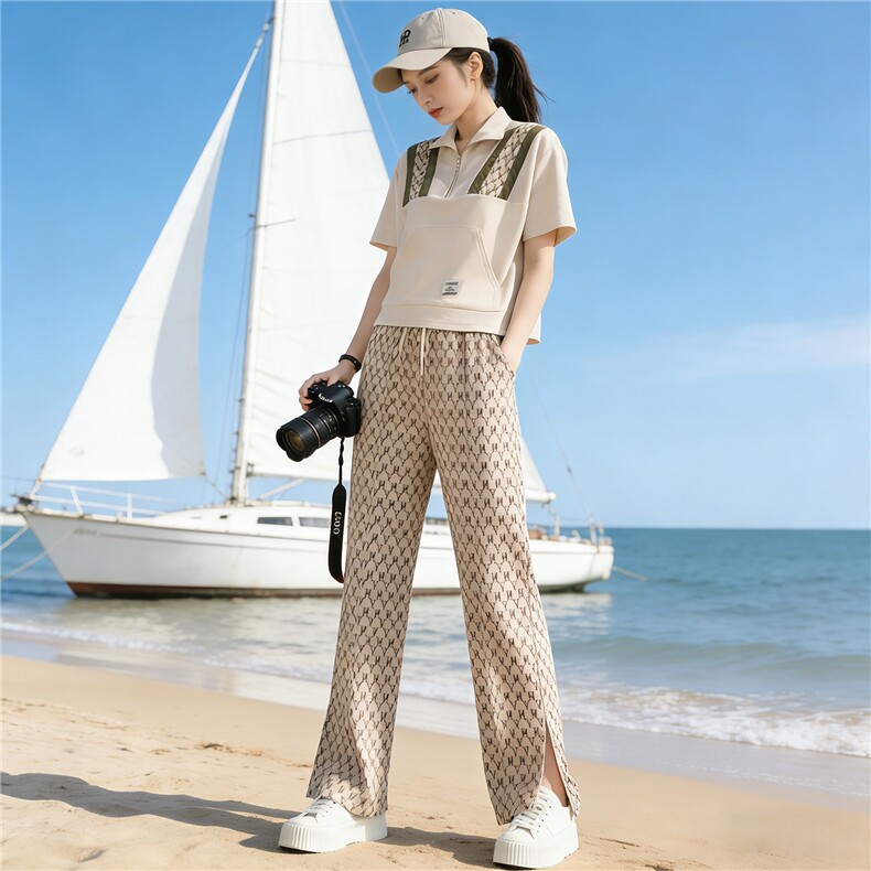 女夏季新款时尚休闲套装洋气显瘦半开拉链立领短袖上衣长裤两件套，女装套装/套裙，江南
