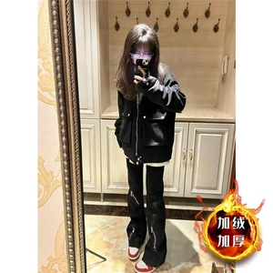 美式高街Vibe风拉链牛仔裤ins潮牌喇叭裤加绒阔腿裤K6087-P48网图图片