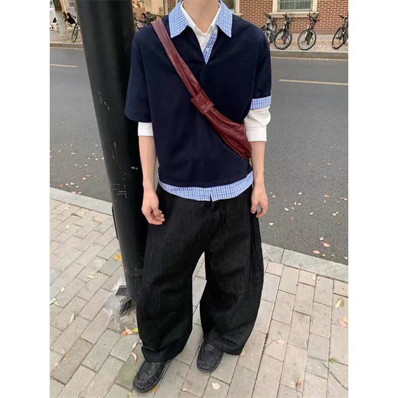 得物抖音高品质二开夏季美式潮牌高街假两件格子衬衣翻领短袖T恤,男装T恤,电商A486