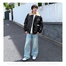 翻领pu皮棉服男冬季加厚美式拼接摇粒绒工装棉衣外套，男装皮衣，四季星座505