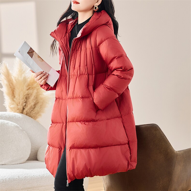 2024年冬季新款女装连帽斗篷型中长款纯色90白鸭绒外套羽绒服,女装羽绒服,初闻兮