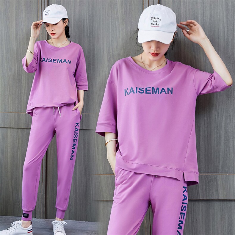 字母印花长裤七分袖T恤套装男运动两件套2020夏季新款,女装套装/套裙,凯瑟曼