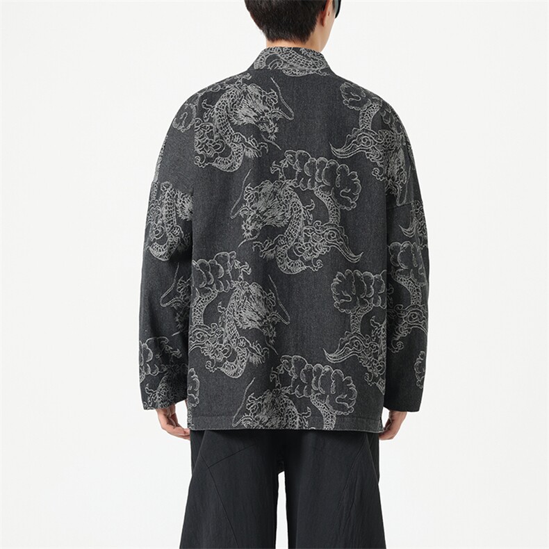 秋装新中式龙纹提花唐装牛仔道袍日系风外套汉服H335/P110,男装民族服装,钱塘713