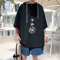LD54070-P45连帽短袖t恤男大码胖子带帽五分袖中袖，男装T恤，电商A040