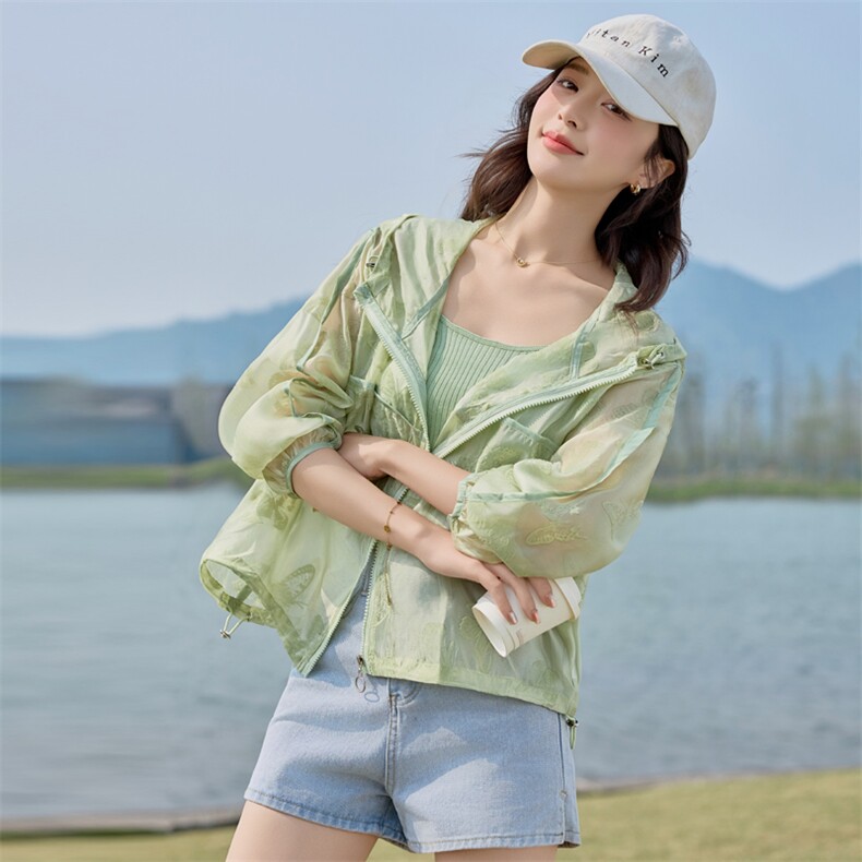 植绒蝴蝶提花轻薄防晒衣女2025夏新款宽松百搭时尚减龄防晒服外套,女装防晒衣,悦祺