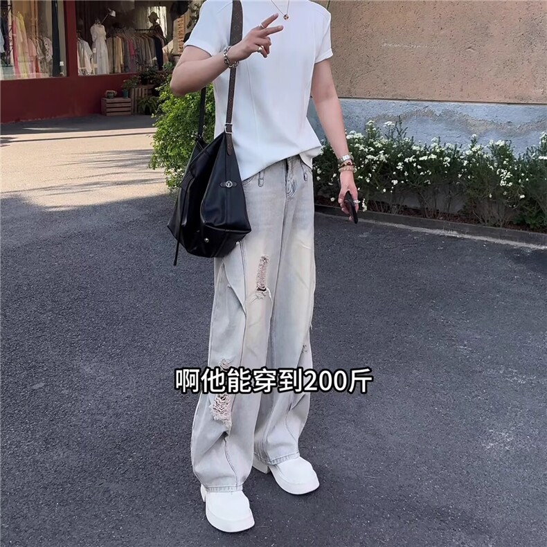 春夏新品原创设计款水洗破洞牛仔裤男美式高街休闲弯刀长裤,男装牛仔裤,星座506A