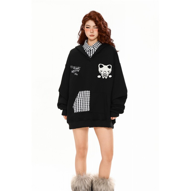 万针刺绣结构设计秋冬重磅全棉美式高街假两件连帽卫衣外套Y7804，女装短外套，电商A486-1