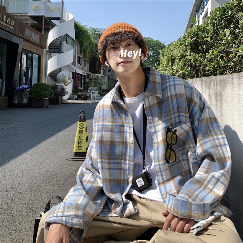 23毛呢格子衬衫外套男宽松韩潮流港风加厚长袖衬衣DJ6118P55,男装衬衫,电商B413-1