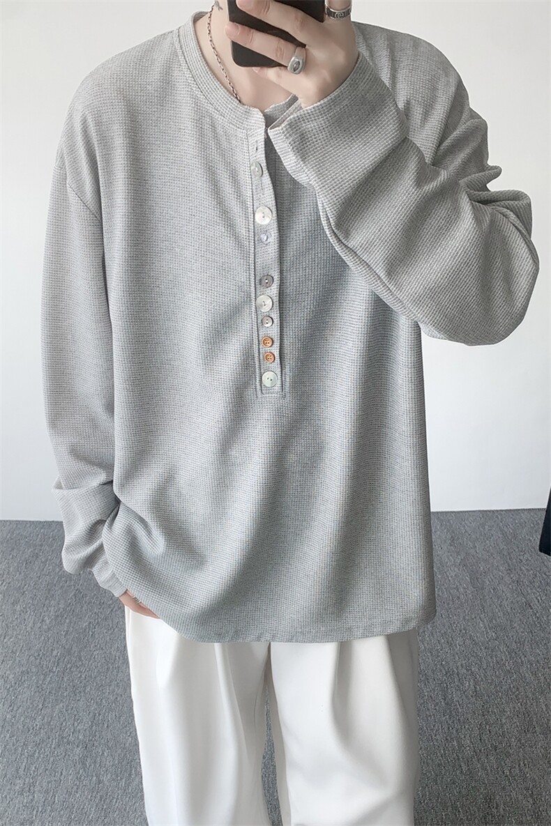 8XL-M慵懒肌理感华夫格廓形云母贝纽扣长袖T恤打底长袖CX3006P48,男装T恤,电商D206-1