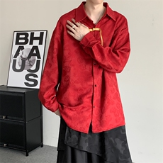 新中式男装中国风树叶提花衬衫男款秋季长袖外套大码盘扣唐装衬衣，男装衬衫，星座909-2（原星座717-2）