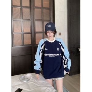 QC028-P55 字母刺绣撞色美式复古拼接长袖卫衣女秋季宽松显瘦上衣图片