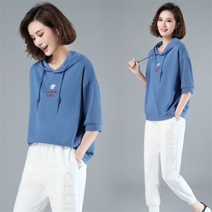 2024年夏季新款帽衫女宽松显瘦韩版气质百搭短袖T恤女刺绣上衣服,女装T恤,简韵佳