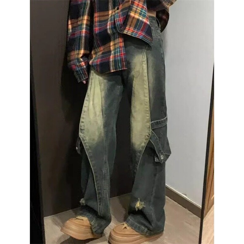 美式高街嘻哈工装牛仔裤女高腰宽松显瘦直筒阔腿长裤LC66711-p55图片