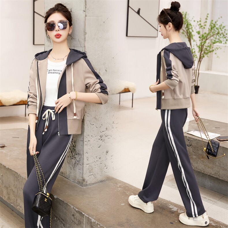 现货-休闲时尚套装女2023春季新款洋气减龄气质百搭阔腿裤两件套，女装运动套装，然然