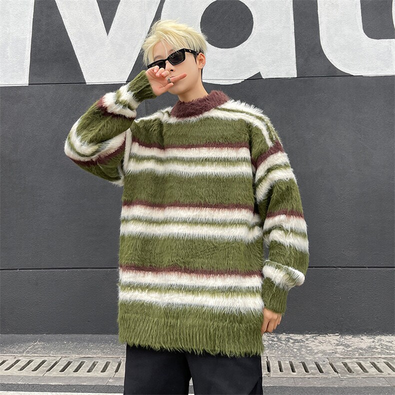 复古慵懒风仿貂绒条纹毛衣男女宽松针织衫秋冬上衣MY07368-P53,男装针织衫/毛衣,星座308B-1