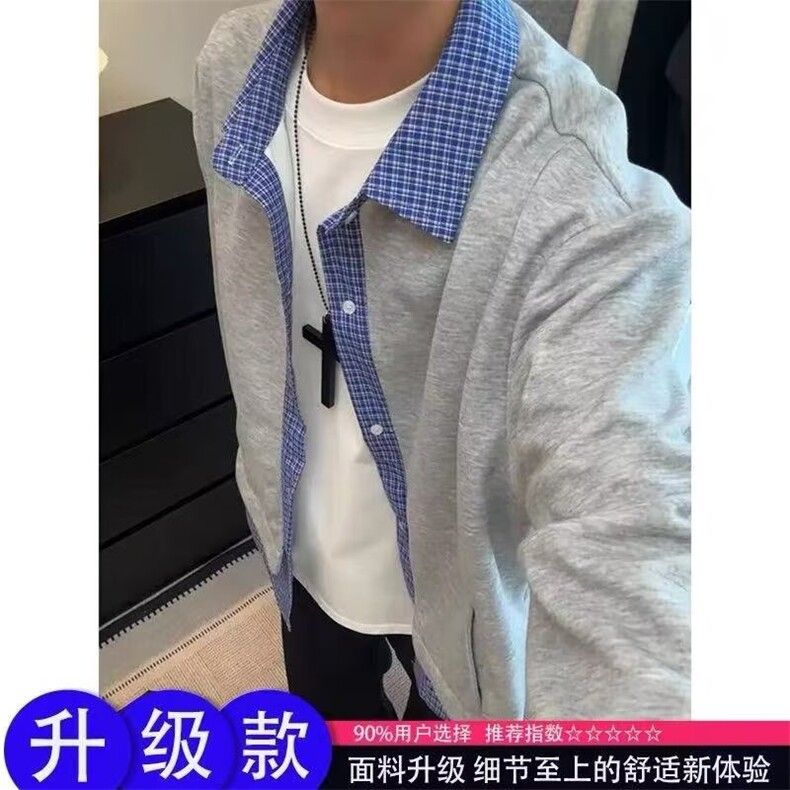 美式重磅灰色空气层棒球服外套男春季简约宽松百搭开衫夹克,男装夹克,四季星座505