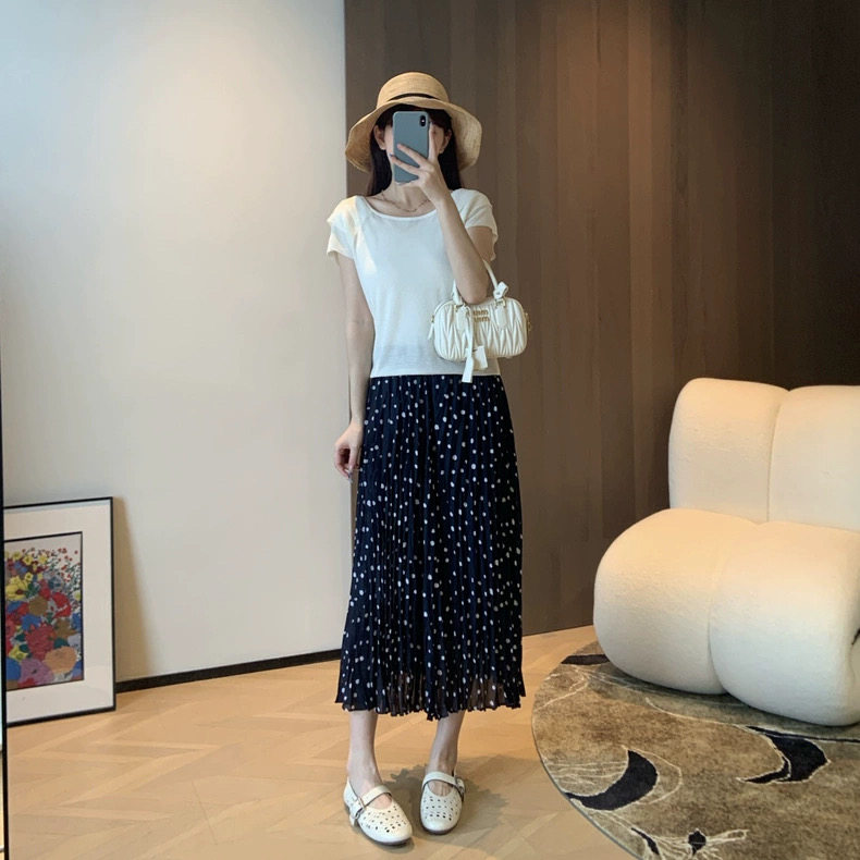 波点印花高支高密显瘦乱褶松紧腰小香风半身裙,女装半身裙,湘姗
