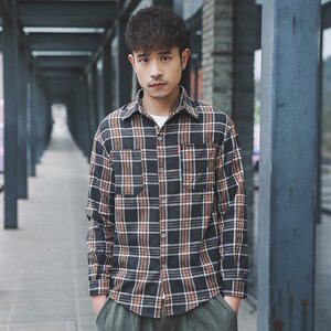 2021外景日系春季新大码男休闲翻领格子宽松纽扣衬衫C501-P45图片