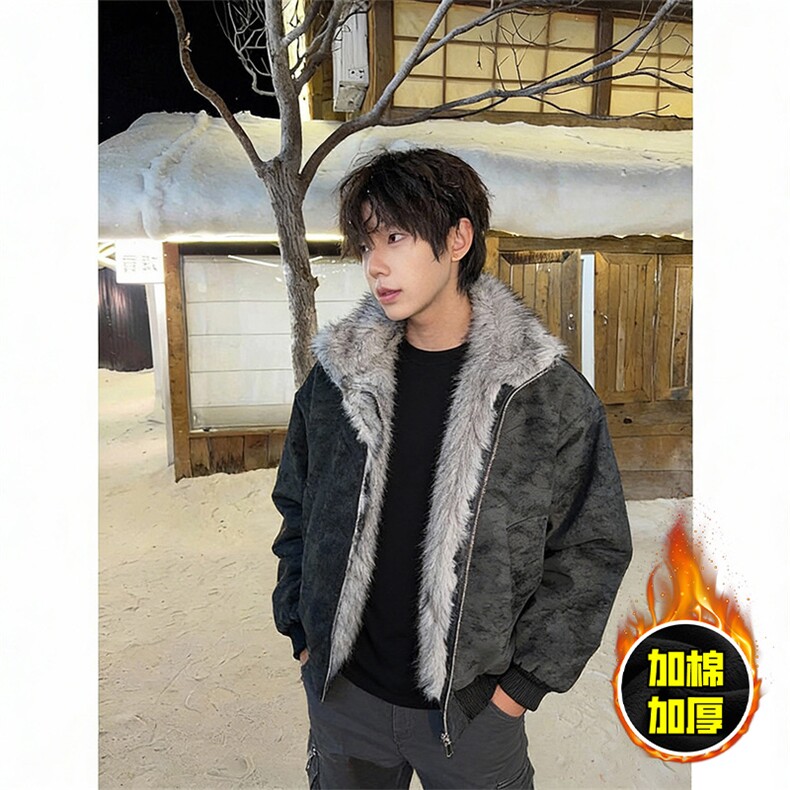 现货高品质美式高街重磅座山雕毛毛领pu皮棉衣男女加厚棉服冬外套，男装皮衣，电商A443