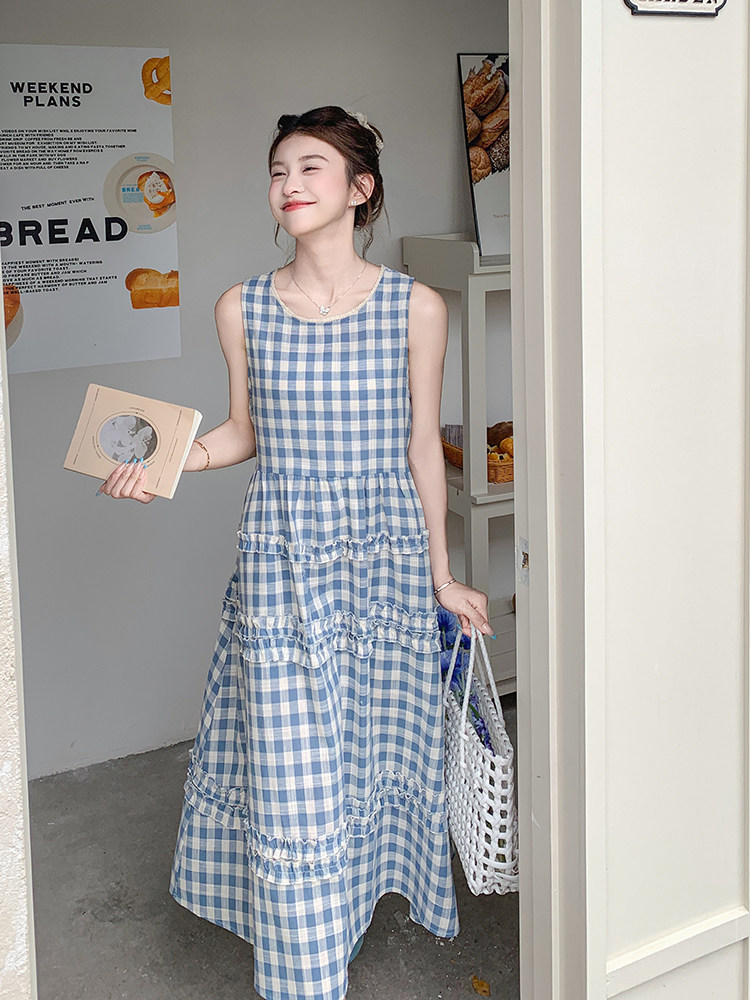 蓝白格撞色木耳边无袖连衣裙女2025夏季新款韩系减龄俏皮漂亮长裙,女装连衣裙,浙宝276（原081）
