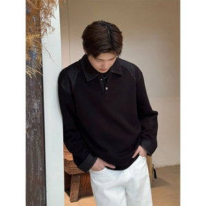 松弛感翻领拼接卫衣POLO衫男士秋季穿搭痞帅设计感长袖上衣打底衫图片
