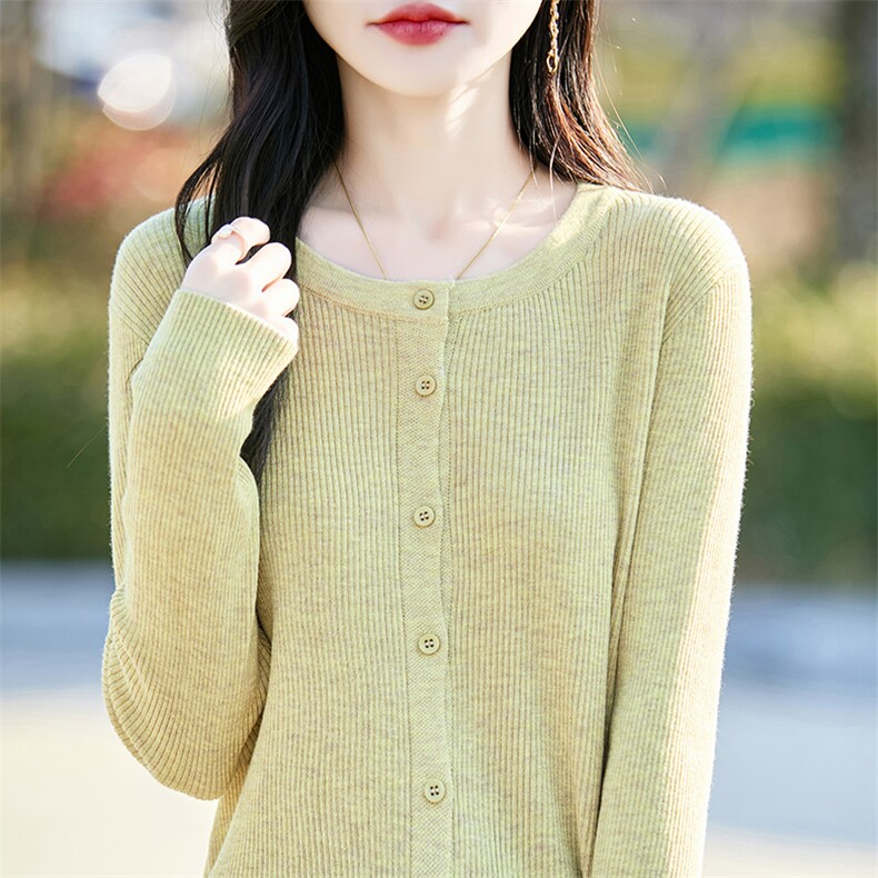 高级感精纺羊毛衫针织毛衣女士圆领坑条长袖纯色上衣宽松休闲外套,针织衫/毛衣,佰米娇羊绒