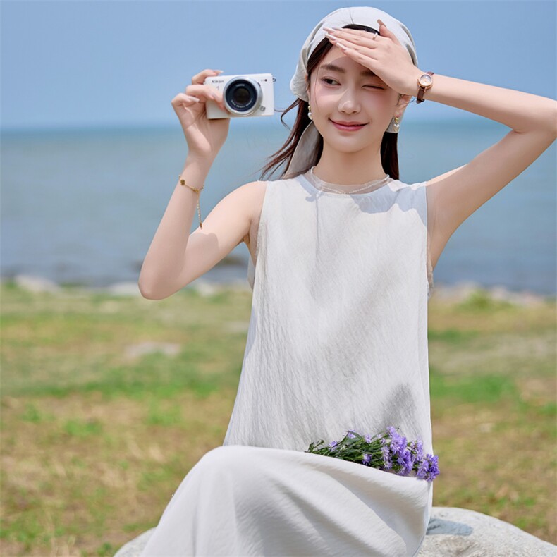 100%亚麻定制款肌理感网格布时尚文艺休闲显瘦无袖连衣裙,女装连衣裙,难舍钰依