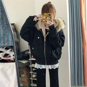现货重磅boxy短款棉衣座山雕大毛毛领男女棉服水洗工装厚外套图片
