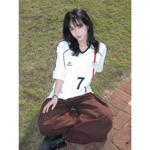 复古运动织带V领凉感短袖t恤男女美式潮牌情侣休闲球衣XTX81图片