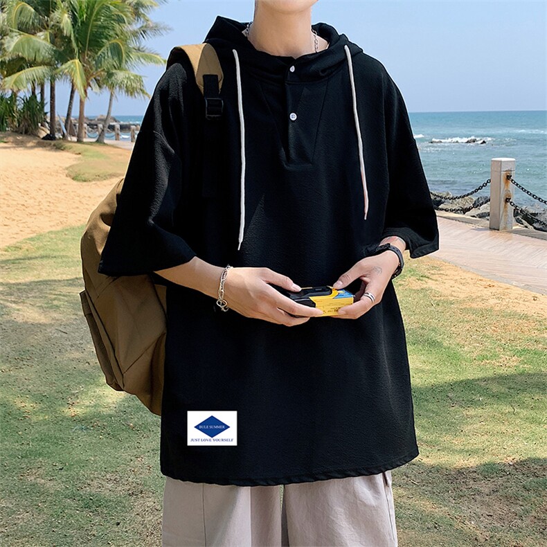 LD54061-P45 连帽短袖t恤男大码胖子带帽五分袖中袖图片