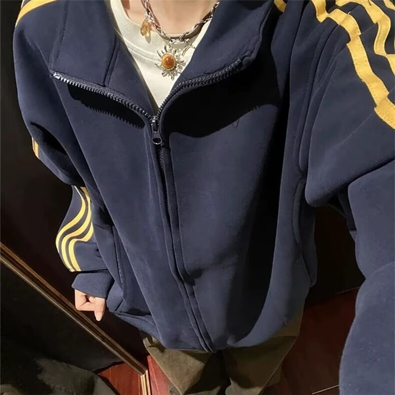 藏青色三条杠开衫卫衣男秋季潮牌美式复古青少年宽松休闲立领外套,女装短外套,星座1210-1